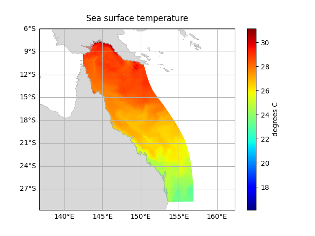 Plot of sea surface temperature from the GBR4 example file