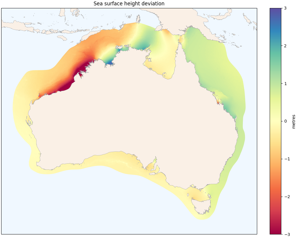 A plot of sea surface height deviation from the Australia wide AUSTEn dataset. The limits of the colour bar have been constrianed to (-3, 3).