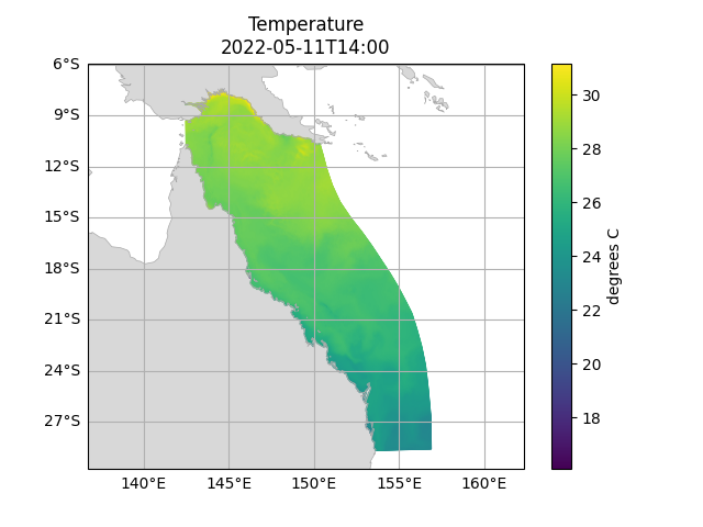 Plot of sea surface temperature from the GBR4 example file